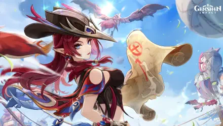 HD PC desktop wallpaper featuring Chasca from the video game Genshin Impact, set against a bright sky with birds flying in the background.