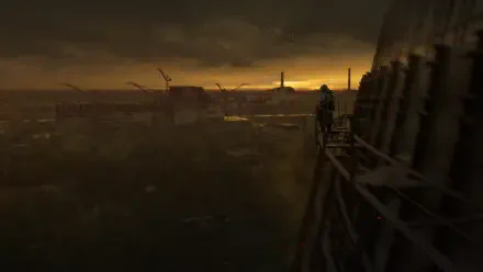 View of a lone figure on a high structure overlooking a desolate landscape at sunset, featuring themes from the video game S.T.A.L.K.E.R. 2: Heart of Chernobyl in stunning 4K Ultra HD.
