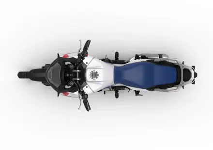 An overhead view of a Honda XL750 Transalp motorcycle, showcasing its sleek design and vibrant blue seat, set against a clean, white background for an engaging 4K Ultra HD display.