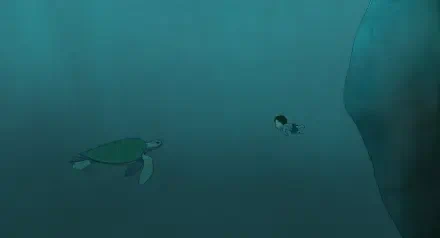 A serene underwater scene from the movie The Red Turtle, showcasing a turtle swimming alongside a human figure, captured in stunning 4K Ultra HD quality.