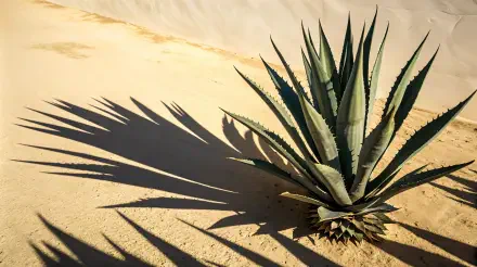A vibrant agave plant casts long shadows on sandy terrain, showcasing its sharp leaves and desert setting. This image serves as a stunning 4K Ultra HD desktop wallpaper.