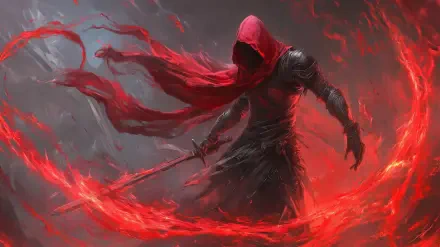 A mysterious assassin in a flowing red hooded cloak stands amidst swirling crimson energy, wielding a sword. This striking image creates a captivating HD PC desktop wallpaper.
