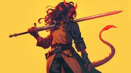 A striking anime tiefling character stands confidently with a sword against a vibrant yellow background, embodying the essence of fantasy in a captivating HD desktop wallpaper.