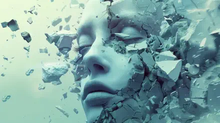 A striking 4K Ultra HD wallpaper depicting a fragmented face emerging from shattered fragments, symbolizing humanity and the essence of the soul.
