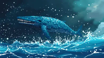 A vivid 4K Ultra HD wallpaper depicting a massive blue creature swimming through turbulent ocean waves under a dramatic sky, capturing the essence of underwater adventure.