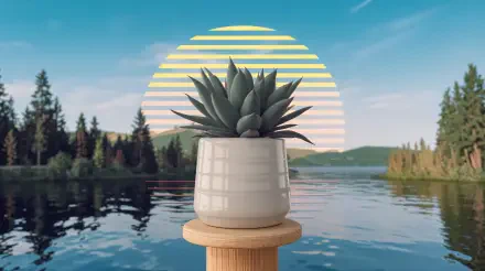 A potted plant sits on a wooden stand by a serene lake, with a vibrant sunset backdrop featuring layered horizontal stripes, creating a calming 4K Ultra HD desktop wallpaper.