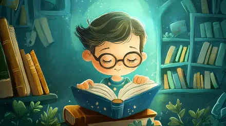 A whimsical 4K Ultra HD background featuring a young child with glasses, engrossed in a book, surrounded by shelves of books and plants in a cozy, enchanting setting.