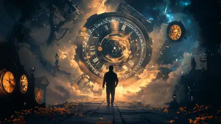 A lone figure stands before a massive, fiery clock face, surrounded by swirling clouds and glowing timepieces, embodying the concept of a Time Traveler in this stunning 4K Ultra HD wallpaper.