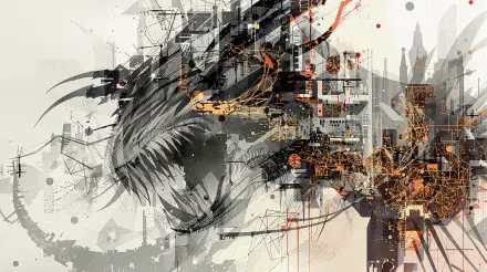 A striking 4K Ultra HD PC desktop wallpaper featuring an abstract design with bold black shapes and vibrant orange accents, creating a dynamic, modern visual composition.