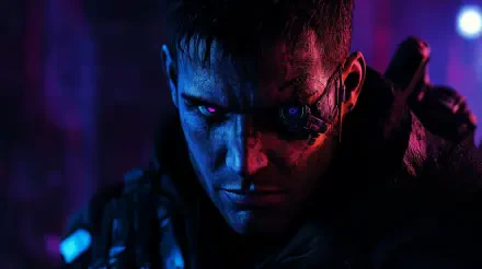 A striking 4K Ultra HD image of a technomancer, featuring a man with cybernetic enhancements and vibrant lighting, immersing viewers in a sci-fi atmosphere.