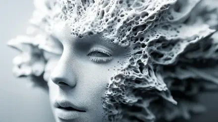 A detailed, futuristic synthoid face, characterized by intricate, organic textures, set against a soft background, creating a captivating sci-fi aesthetic. 4K Ultra HD quality.