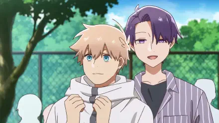 Anime-style artwork featuring two male characters, one with light blonde hair and blue eyes, and the other with dark purple hair, set against a green outdoor background. Title reference: How I Attended an All-Guy's Mixer.