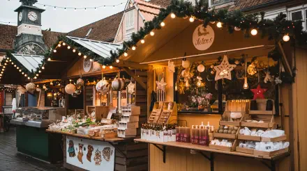 A festive Christmas market with holiday decorations and glowing lights illuminates wooden shopping stalls in a charming winter atmosphere, captured in 4K Ultra HD detail.