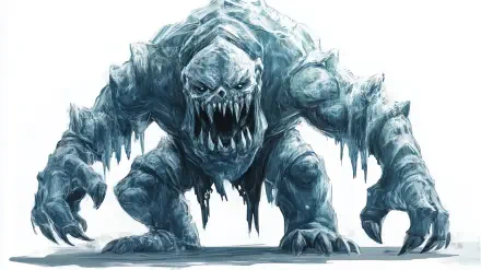 A fierce ice golem monster looms in this HD PC desktop wallpaper, showcasing sharp teeth and icy features that evoke a sense of danger and mystery.