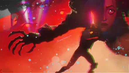 HD PC desktop wallpaper featuring stylized characters Jinx and Vi from Arcane and League of Legends, with a dark, vibrant Netflix-inspired aesthetic.