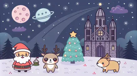 A whimsical Christmas scene featuring Santa, a reindeer, and a deer by a decorated tree and a castle under a starry sky, perfect as a cute 4K Ultra HD desktop wallpaper.