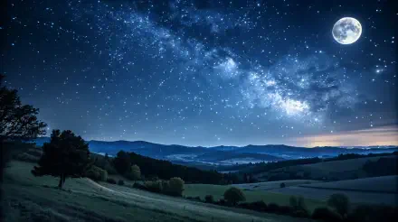 A breathtaking starry night scene featuring a vibrant Milky Way and a full moon illuminating rolling hills, perfect for a 4K Ultra HD PC desktop wallpaper.