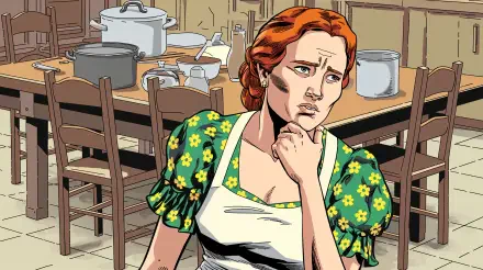 A woman with red hair and a floral dress sits thoughtfully in a kitchen surrounded by pots and utensils, captured in this 4K Ultra HD desktop wallpaper.