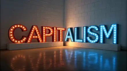 A vibrant 4K Ultra HD desktop wallpaper featuring illuminated letters spelling CAPITALISM in orange and blue, highlighting the dynamic essence of the concept.