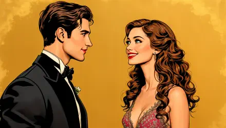 A vibrant 4K Ultra HD wallpaper featuring a flirtatious scene between a stylish man in a tuxedo and an elegant woman with curly hair, set against a warm yellow background.