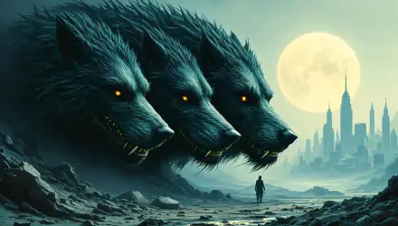 A dramatic 4K Ultra HD wallpaper featuring Cerberus, the three-headed dog, looming over a lone figure against a moonlit city skyline, evoking an epic and mysterious atmosphere.