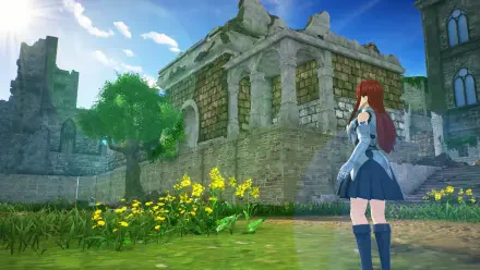 A serene landscape from the video game FAIRY TAIL 2, featuring a character in a blue outfit near a stone ruin surrounded by yellow flowers and lush greenery under a bright sky.