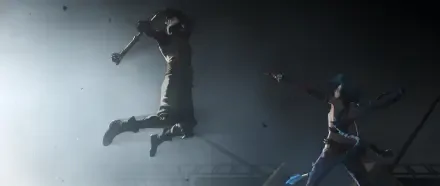 Action-packed scene from Arcane Season 2, featuring Ekko leaping with a weapon and Jinx aiming her gun, captured in stunning 4K Ultra HD.