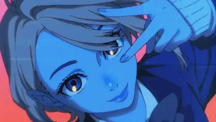 Aira Shiratori from the anime Dandadan poses with a playful hand gesture in this vibrant HD PC desktop wallpaper.