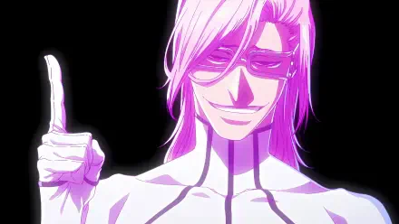 Anime-style 4K Ultra HD wallpaper featuring Szayelaporro Granz from Bleach: Thousand-Year Blood War, showcasing his distinctive pink hair and confident pose against a black background.
