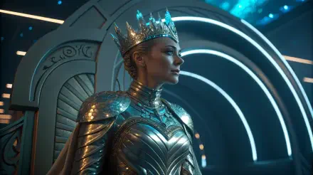 A sci-fi queen stands majestically in intricate silver armor, adorned with a shimmering crown, set against a futuristic backdrop of glowing arches and deep blue lights.