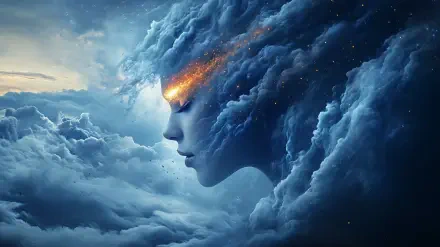 Surreal HD desktop wallpaper depicting a woman's face merging with stormy clouds, with glowing light streaming from her closed eyes.