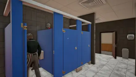 A scene from the video game Fast Food Simulator, featuring a restroom with blue stalls and characters interacting, showcased in vibrant 4K Ultra HD quality.
