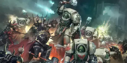HD desktop wallpaper showcasing an intense battle scene from the Warhammer 40k universe featuring the Dark Angels chapter in dynamic combat.