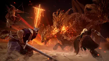 A stunning 4K Ultra HD wallpaper from Elden Ring Nightreign, featuring a fierce battle against a fiery cerberus, with dynamic lighting and intense action.