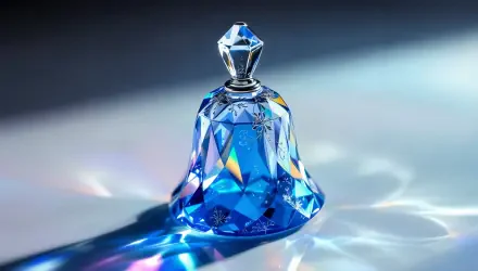 A stunning blue crystal bell catches the light, creating colorful reflections on a smooth surface, showcased as a 4K Ultra HD desktop wallpaper and background.