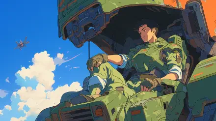 An anime mech pilot relaxes in a vibrant green mech against a backdrop of blue skies and fluffy clouds, captured in stunning 4K Ultra HD. A dynamic desktop wallpaper experience.