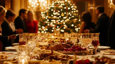 A festive holiday party scene featuring a beautifully set table laden with food and drinks, illuminated by a glowing Christmas tree in the background. 4K Ultra HD wallpaper backdrop.