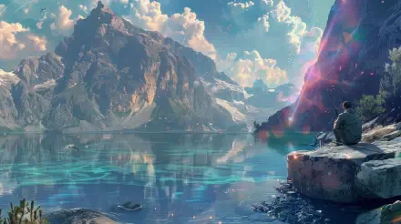 A serene lakeside scene featuring a secluded fishing spot, surrounded by majestic mountains and vibrant skies, captured in stunning 4K Ultra HD for a breathtaking desktop wallpaper.