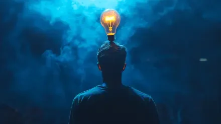 A man stands in a moody blue setting with a glowing light bulb above his head, symbolizing creativity and inspiration, captured in a 4K Ultra HD wallpaper.