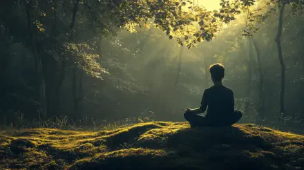 A serene image of a person meditating on mossy ground in a sunlit forest, embodying mindfulness, captured in stunning 4K Ultra HD for a calming desktop wallpaper.