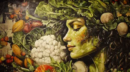 A vibrant, 4K Ultra HD artwork depicting a serene woman adorned with leafy greens and vegetables, celebrating vegetarian themes and nature's bounty.