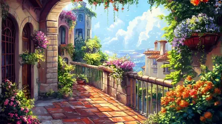 A vibrant balcony garden adorned with colorful flowers and lush greenery, bathed in sunlight, creating a serene atmosphere. This 4K Ultra HD wallpaper captures a tranquil outdoor escape.
