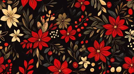 A vibrant holiday pattern featuring bold red flowers and golden accents against a dark background, designed as a 4K Ultra HD desktop wallpaper.