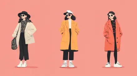 A trendy outfit illustration featuring three stylish women in fashionable coats and accessories, set against a vibrant pink background. 4K Ultra HD wallpaper for fashion enthusiasts.