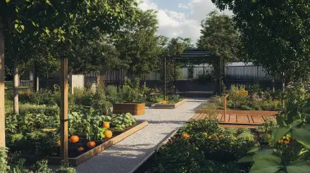 A vibrant urban garden featuring lush greenery, raised beds with vegetables, and pathways, captured in stunning 4K Ultra HD for a refreshing desktop background.