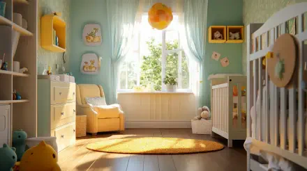 A bright and cheerful nursery featuring a cozy armchair, crib, and colorful decor, illuminated by natural light filtering through large windows. 4K Ultra HD desktop wallpaper background.