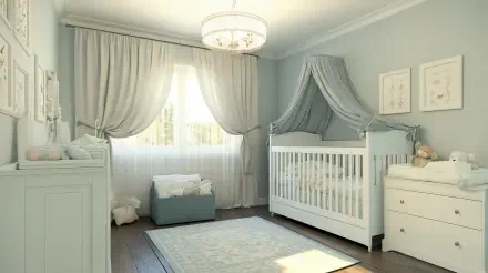 A serene nursery featuring a white crib, soft blue curtains, and gentle lighting, beautifully captured in this 4K Ultra HD wallpaper and background.