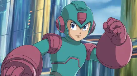 A vibrant 4K Ultra HD wallpaper featuring Mega Man, showcasing the character in action with a determined expression and iconic armor set against a futuristic background.