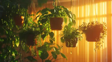 Five hanging plants in terracotta pots dangle in front of softly lit sheer curtains, creating a serene and vibrant atmosphere. A beautiful 4K Ultra HD desktop wallpaper and background.