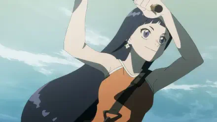 Anime-style HD desktop wallpaper featuring a character with long dark hair striking a dynamic pose under a cloudy sky, showcasing a blend of negative and positive angler elements.